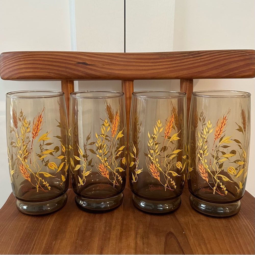 Set of 4 Vintage Anchor Hocking Triguba Wheat Pattern Drinking Glasses Retro